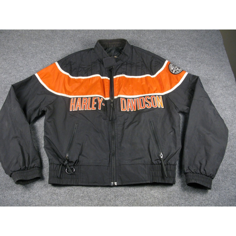 Harley Davidson Racing Jacket Mens Large Vintage Black Orange Bomber Made in USA